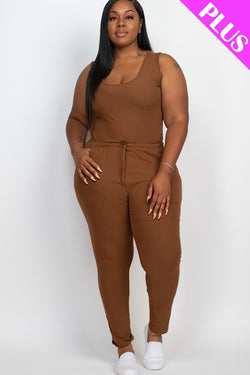 Plus Ribbed Sleeveless Drawstring Jumpsuit