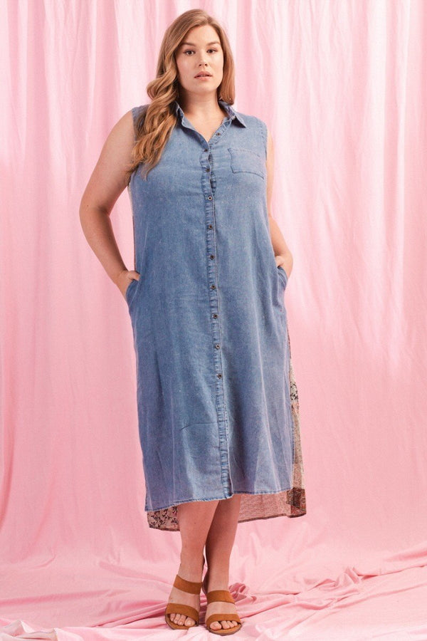 Plus Sleeveless Denim Maxi Shirt Dress