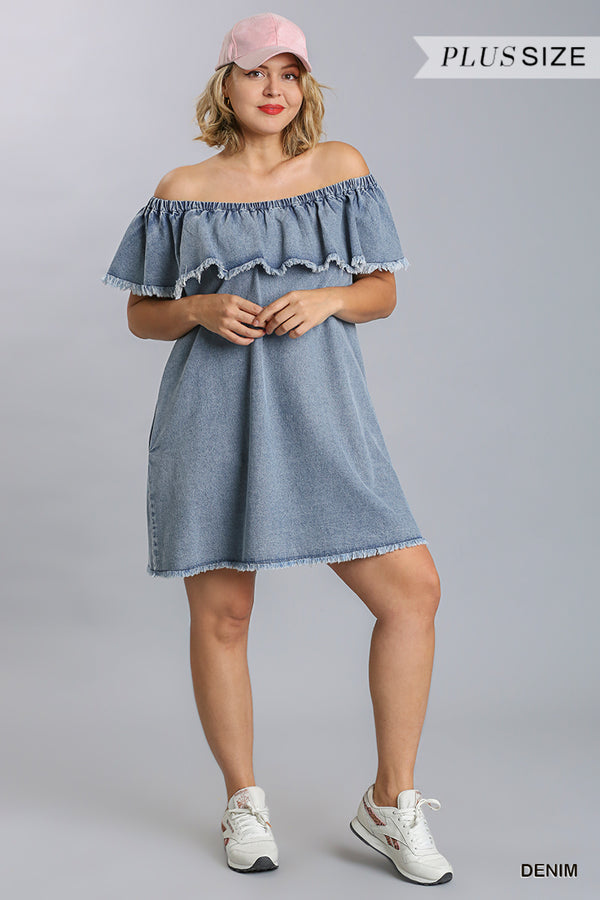 Plus Off Shoulder Ruffled Denim Dress With Frayed Hem & Pockets