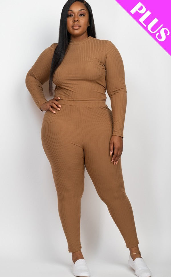 Plus Ribbed Mock Neck Long Sleeve Top & Leggings Set