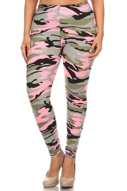 Plus Size Camouflage Printed Knit Legging With Elastic Waistband And High Waist Fit